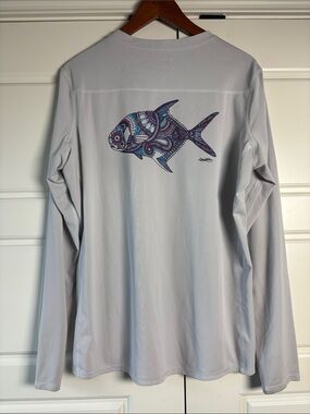 Simms Light Gray Long-Sleeve Rash Guard with Blue-Purple Fish Graphic